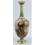 A Royal Worcester pedestal vase, decorated with a peacock on a branch by A Hood, shape number