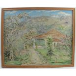 Ramanayake, oil on board, view of tress and a house with mountains beyond, 18ins x 23ins