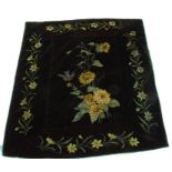 A Victorian velvet single bed spread, painted with flowers and a bird, 51ins x 44ins