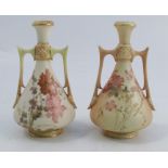 Two Royal Worcester blush ivory vases, with angular handle, decorated with floral sprays, shape