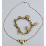 A bracelet, with five charms attached, together with a heart pendant on chain, 12g gross