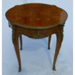 A kingwood centre table, with floral marquetry inlaid to a shaped circular top, the frieze with