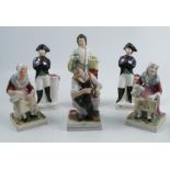 Six 19th century Staffordshire pottery figures, two modelled as navy men, two as a seated woman with