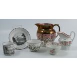 A group of 19th century English porcelain, to include a lustre jug, a bat printed coffee can, saucer