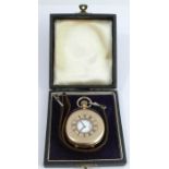 A 9 carat gold Riodor half hunter pocket watch, the four piece hinged case with inscribed gold