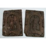 Two Antique oak carved panels, depicting Classical semi naked female figures in an arch, with carved