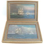 A pair of oil on boards, masted sailing ships at sea, 7.5ins x 12.5ins