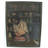 L Pulford, oil on canvas, potter throwing a bowl with shelves of jugs behind, 23.5ins x 17.5ins