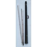 Four split cane fishing rod sections, af, together with a black rod tube with handle