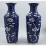 A pair of late 19th/ early 20th century Chinese vases, decorated with flowering prunus to a blue