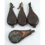 Four 19th century shot flasks, three in leather, one of which with embossed hunting scene and the