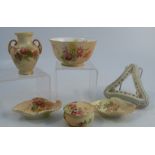 Five pieces of Royal Worcester blush ivory, to include a two similar leaf dishes, a covered circular