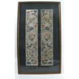 A pair of Chinese embroidered panels, decorated with flowers, each panel measuring 18.25ins x 3.