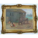 An oil on canvas, donkey and chickens in a farmyard, bears signature Edgar Hunt, 13.5ins x 17ins