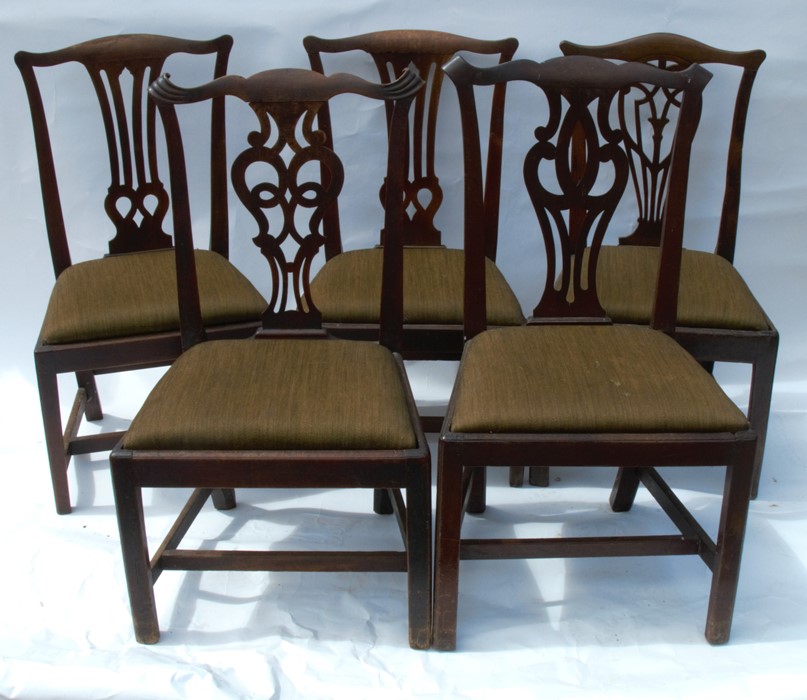 Five 19th century country Chippendale style dining chairs, with drop in seats