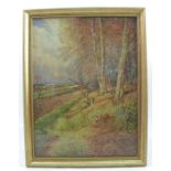 E Meade King, oil on artist board, rural landscape with fox and jay, 15.5ins x 11.5ins