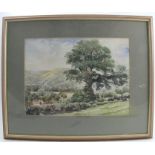 Sidney Perrin, watercolour, view with trees, buildings and hills beyond, 10.5ins x 14ins