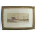 R W Fraser, watercolour, Chertsey, view across water with figures in a boat, 7ins x 15.5ins