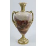 A Royal Worcester pedestal vase, decorated with Highland cattle in landscape by H Stinton, shape