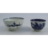 A First Period Worcester tea bowl, decorated in the Fisherman and Cormorant pattern, crescent mark