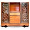 An Art Deco cabinet, fitted with two geometric lead glazed doors, flanking a central breakfront