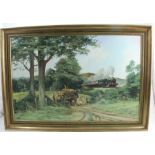 Alan King, oil on board, Summer’s Past, landscape with GWR train and horse pulling cart, below the