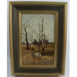 W Manners, oil on board, figure seated by water and silver birch trees, 12ins x 7.75ins