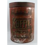 A 19th century large metal lidded canister, of cylindrical form, printed Koffie, height 17.5ins,