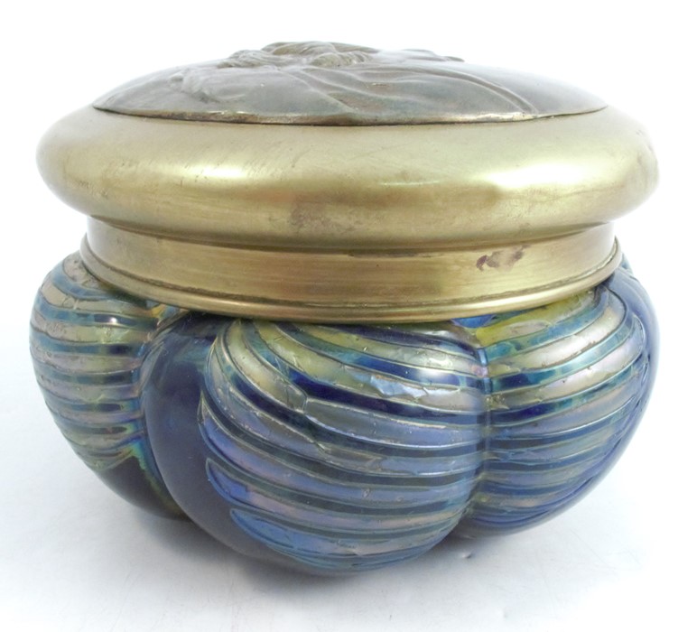 A Loetz style covered pot, the glass base with swirl design the metal cover embossed with a - Image 2 of 4