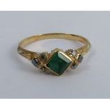 A late 18th century emerald and rose diamond ring, unmarked, with traces of enamel, finger size L,