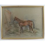 W Wasdell-Trickett, pastel, Lincolns Luck by Fortunes Wave - Devolution, bay horse in a stable,
