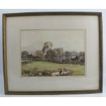 R G Hinchliffe, watercolour, pastoral scene with village, signed, 10.5ins x 14.5ins