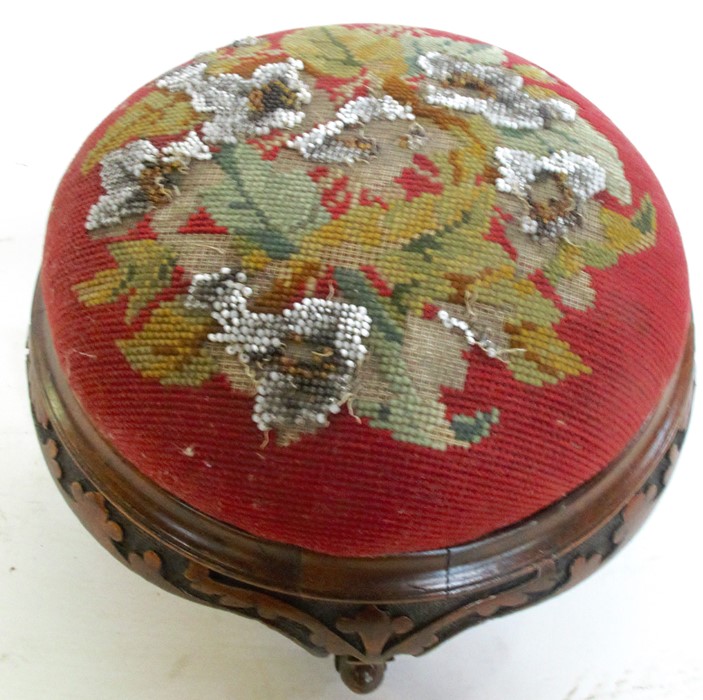 A 19th century mahogany framed foot stool, with bead work and tapestry top, and carving to the - Image 2 of 3