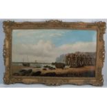C Richards, oil on canvas, beach scene with figures and boasts, dated 1878, 17.25ins x 31.25ins