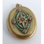 A Victorian oval turquoise and seed pearl set gold locket, 3.7cm long, 15.7g gross