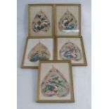 Five various Eastern paintings on leaves, decorated with fabulous birds, leaf size 6.25ins x 5ins