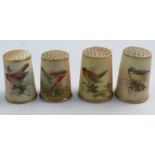 Four Royal Worcester blush ivory thimbles, all painted with British birds, unsigned and