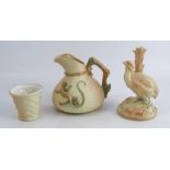 Three pieces of Royal Worcester blush ivory, a lizard jug with basket moulded body, shape number