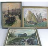 Clive Uptton, three oil on artist boards, building in a landscape and two of boats, 13.5ins x 17.