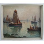 Divalter, oil on canvas, fishing boats and figures in row boats, 18ins x 21ins