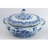 A mid 18th century Chinese porcelain covered soup tureen, decorated in under glaze blue with lotus