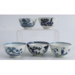 Five First Period Worcester tea bowls, all decorated in various blue and white patternsCondition