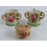 Two miniature Royal Worcester tygs, decorated with pink roses to a green border, shape numbers H282,