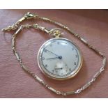Record, a 9 carat gold open faced pocket watch, the unsigned gilt dial with black Arabic numerals,