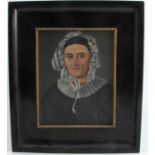An oil on artist board, portrait of a figure wearing a bonnet and lace collar, 8.75ins x 6.5ins