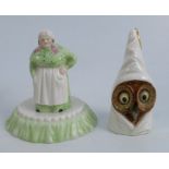 Two Royal Worcester candle snuffers, French Cook on a stand and Owl, height 3.75ins and