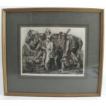 C F Tunnicliffe, limited edition black and white etching, heavy horses and farm workers, 11/75, 9ins