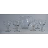 Six glass rummers, together with a glass jug, height of rummers 6ins, height of jug 7.75ins