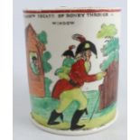 A 19th century Cambrian cream ware mug, decorated with a coloured scene, The Narrow Escape of