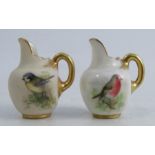 Two miniature Royal Worcester flat back jugs, each decorated with English birds, one signed Powell